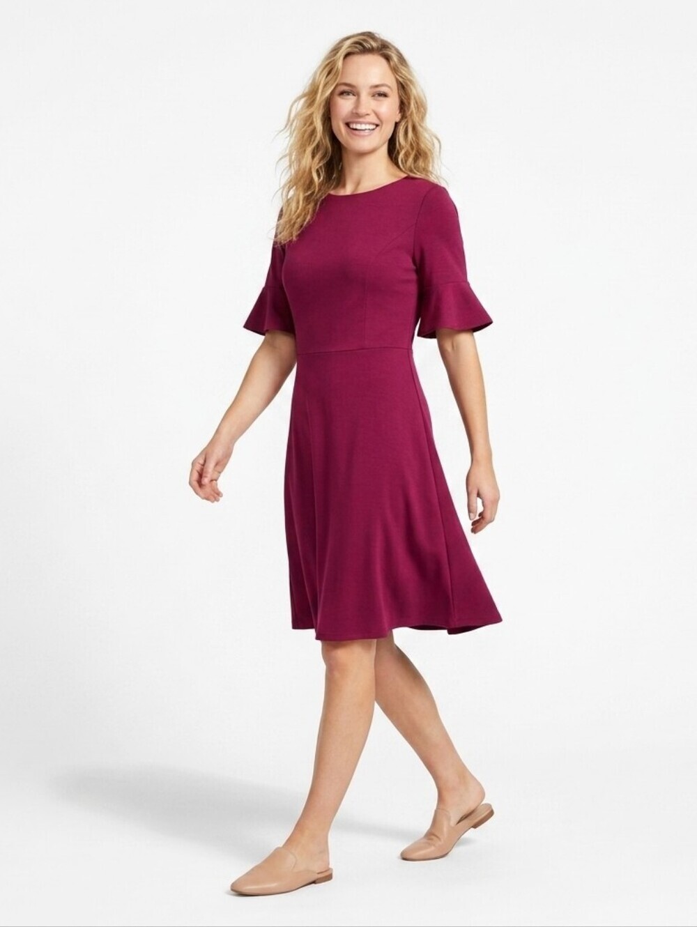 Boden Alexis Fit N Flare Dress Size 14 Burgundy Short Fluted Bell Sleeve Lined